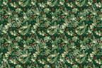 Classic botanical pattern featuring pine sprigs, berries, and white flowers on a dark green background.
