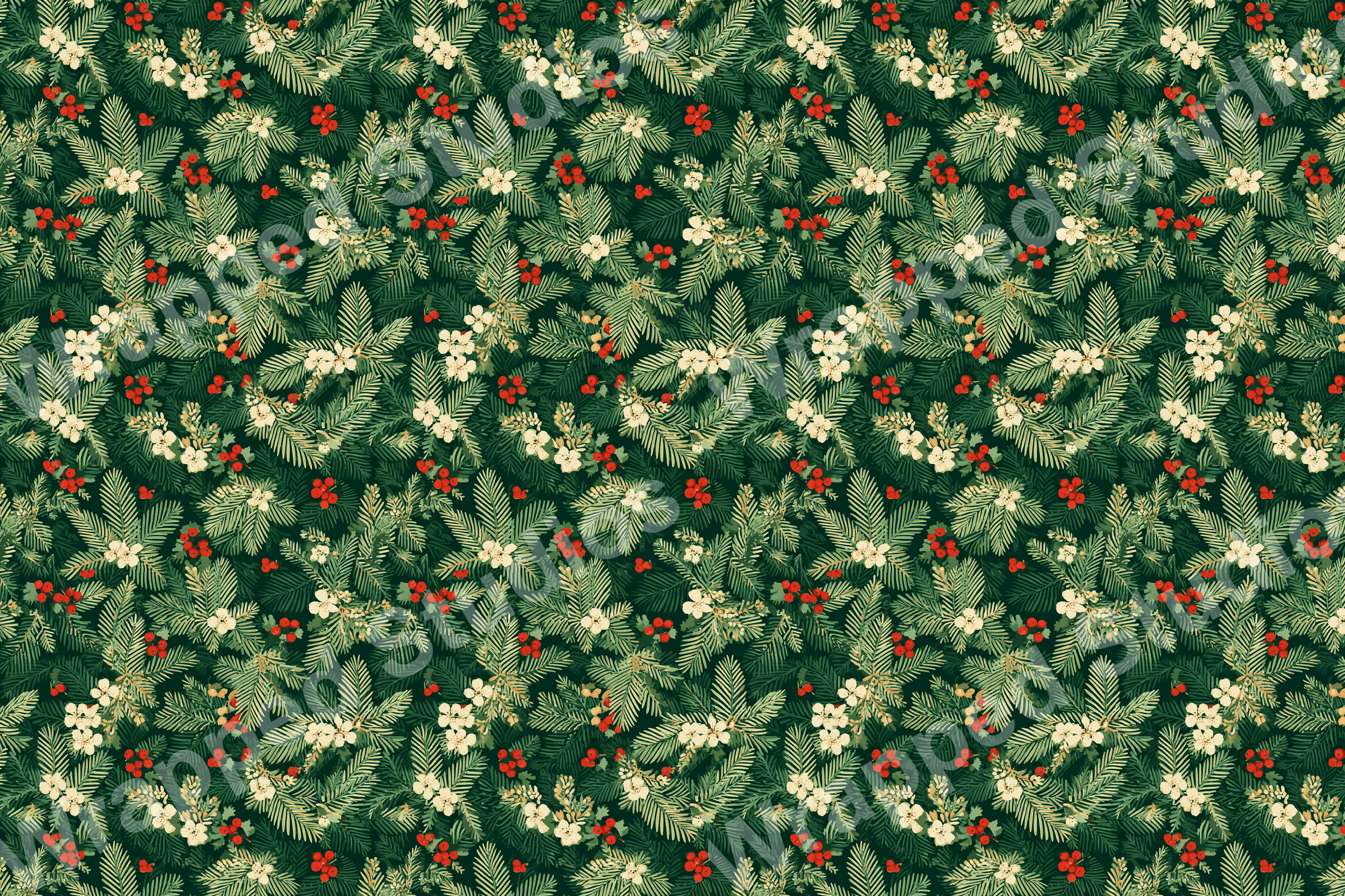 Classic botanical pattern featuring pine sprigs, berries, and white flowers on a dark green background.