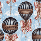 Vintage hot air balloon seamless pattern with stripes on a light blue floral background.