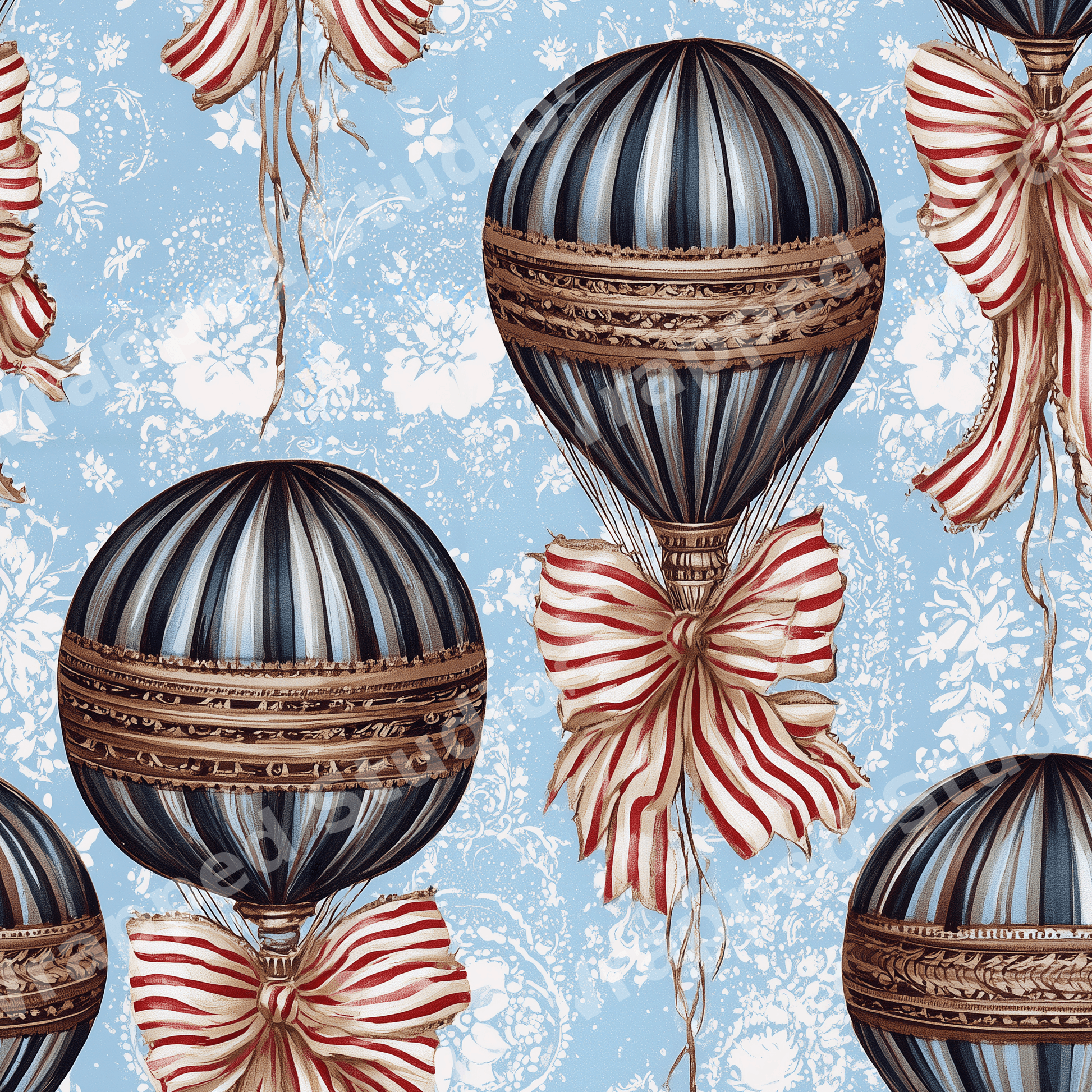 Vintage hot air balloon seamless pattern with stripes on a light blue floral background.