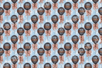Whimsical vintage hot air balloon pattern with red and white striped bows on a light blue background.