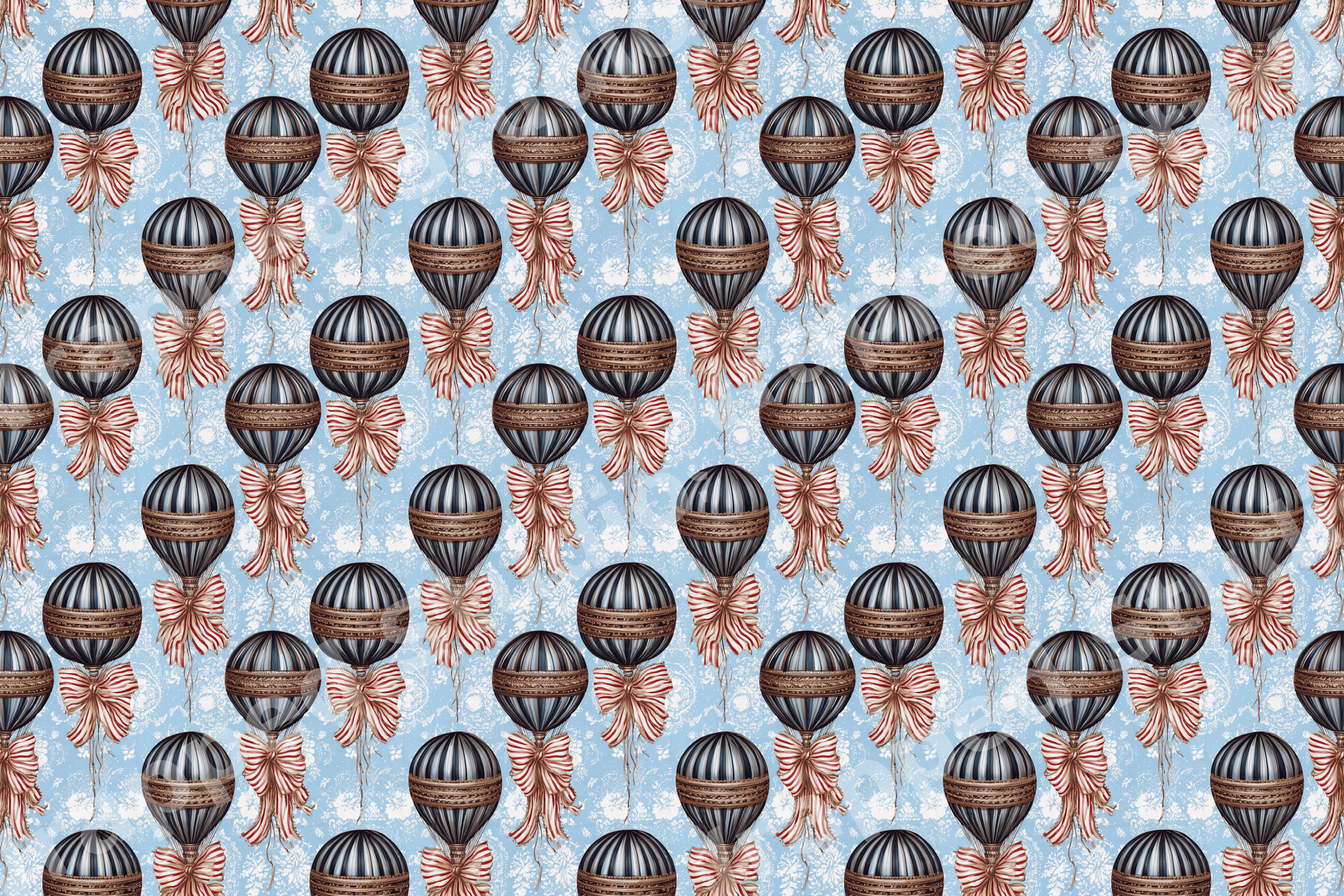 Whimsical vintage hot air balloon pattern with red and white striped bows on a light blue background.