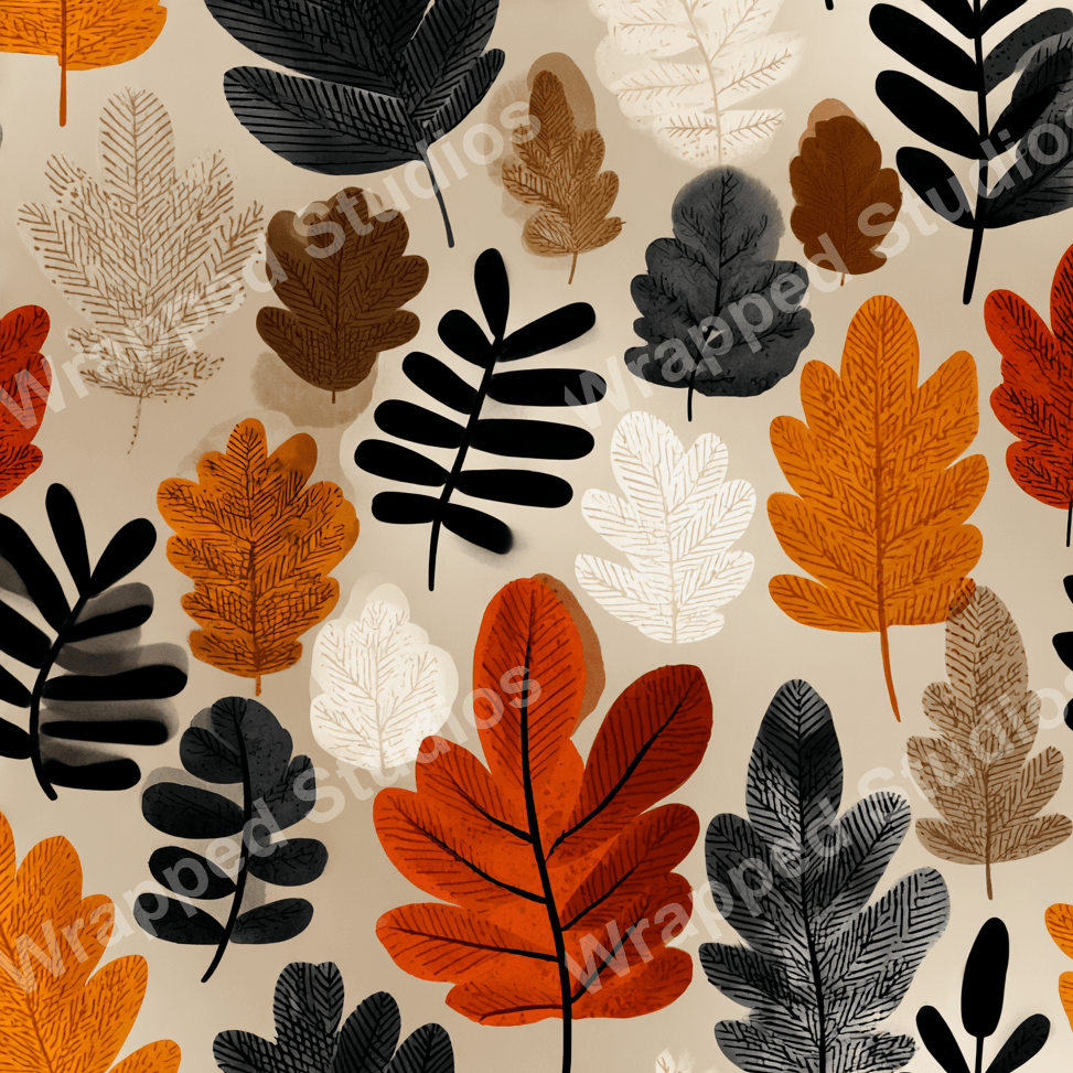 Seamless autumn leaf pattern with orange, brown, black, and gray on a tan background.