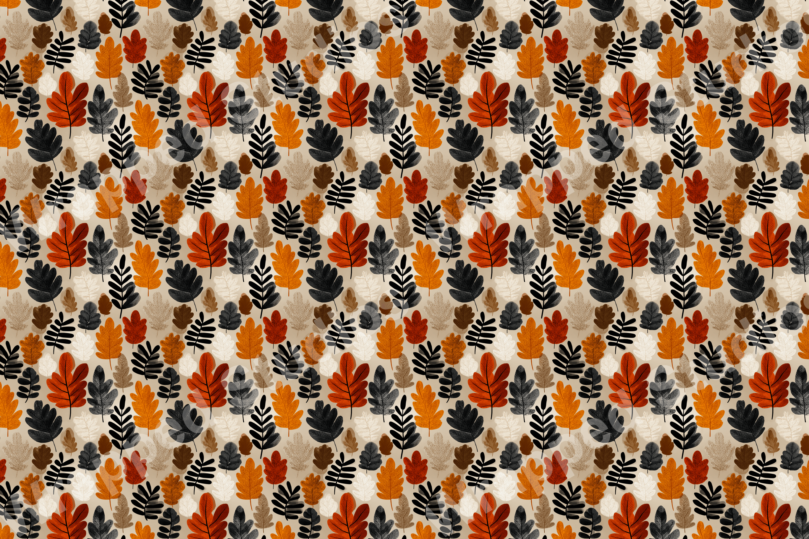 Fall leaf pattern with a modern botanical design in shades of orange, red, black, and beige.