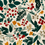 Seamless botanical pattern design with red berries and green leaves on a cream background.