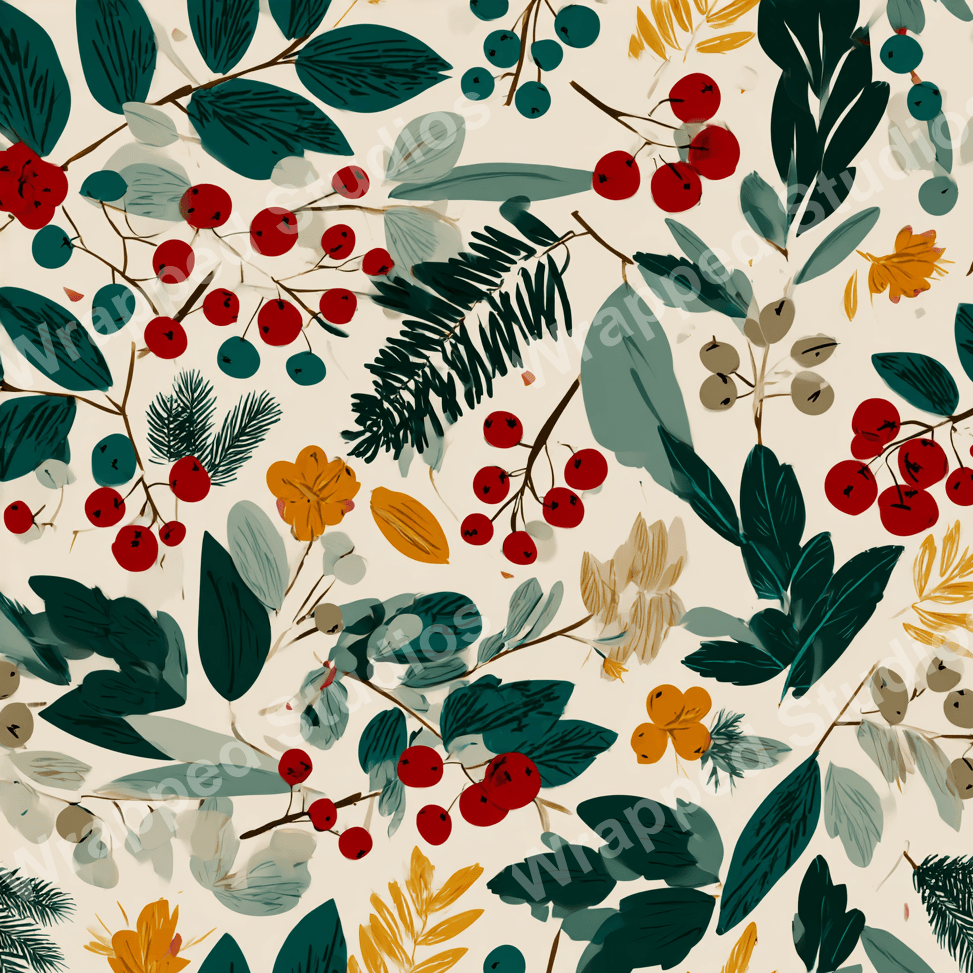 Seamless botanical pattern design with red berries and green leaves on a cream background.
