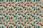 All-over festive floral pattern with berries, leaves, and botanical elements in red, green, and gold on a light ground.
