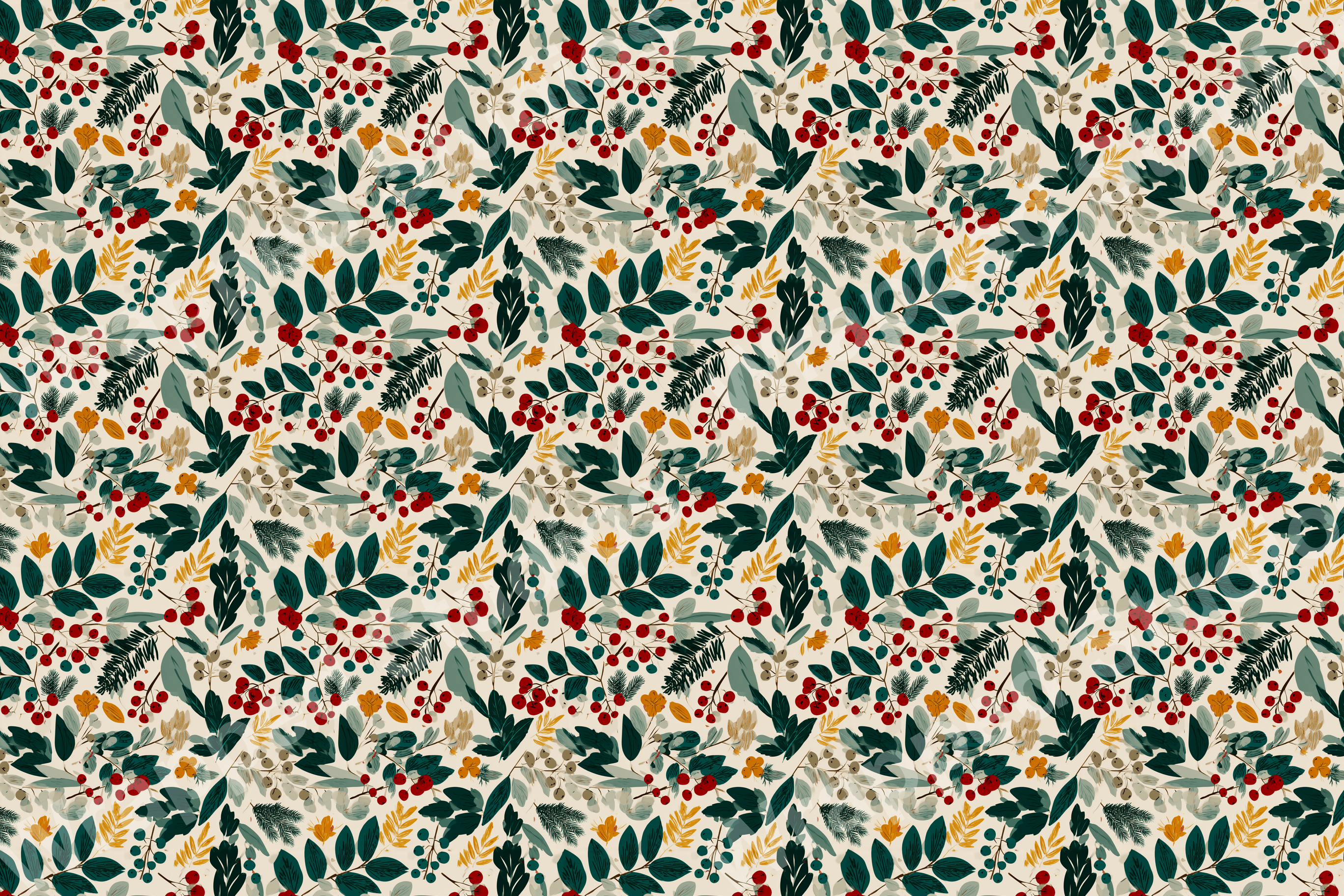 All-over festive floral pattern with berries, leaves, and botanical elements in red, green, and gold on a light ground.