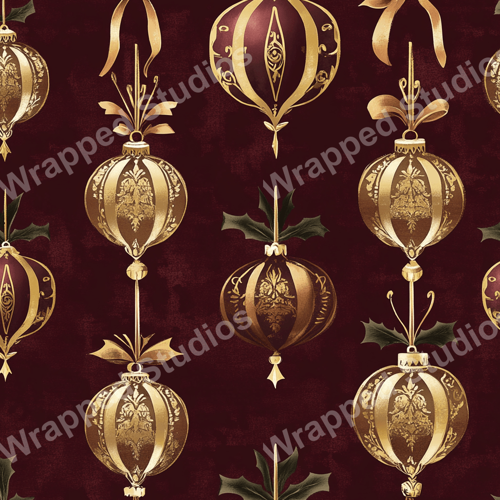 Elegant Christmas ornament pattern in gold on a deep red background.