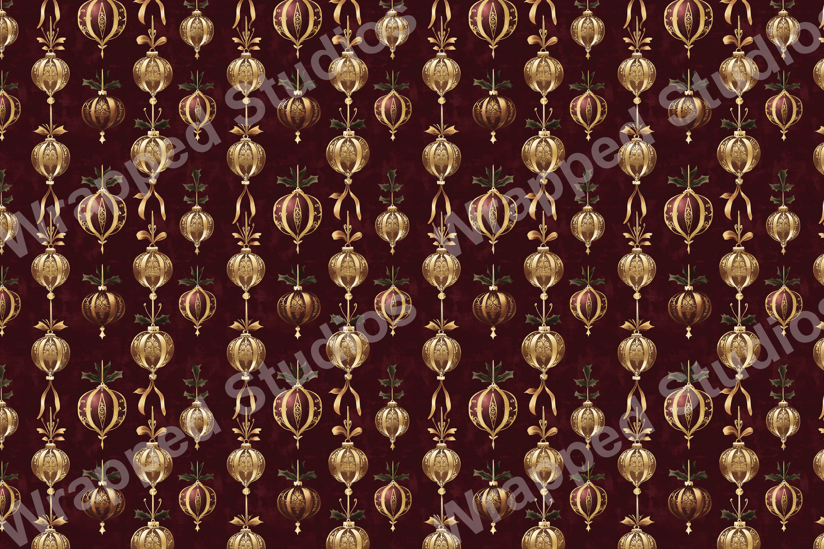 Ornate gold Christmas ornament pattern with ribbons and holly on a burgundy background.