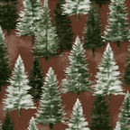 Watercolor pine tree pattern featuring green and white rustic fir trees on a warm terracotta background.