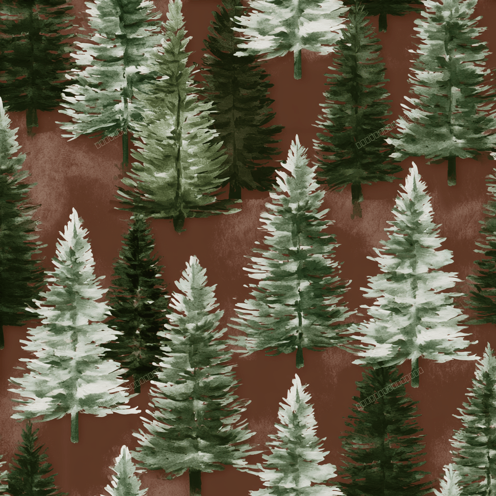 Watercolor pine tree pattern featuring green and white rustic fir trees on a warm terracotta background.
