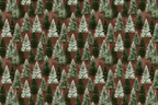 Watercolor pine tree pattern with green evergreen trees on an earthy brown background.