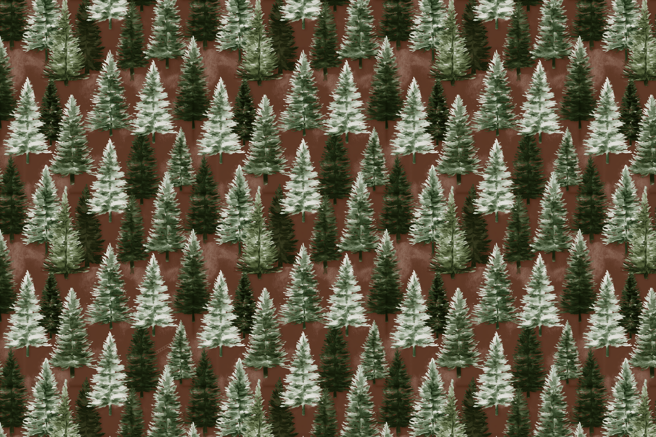 Watercolor pine tree pattern with green evergreen trees on an earthy brown background.