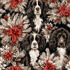 Vintage Christmas pattern featuring spaniel dogs, pine branches, and red poinsettias.