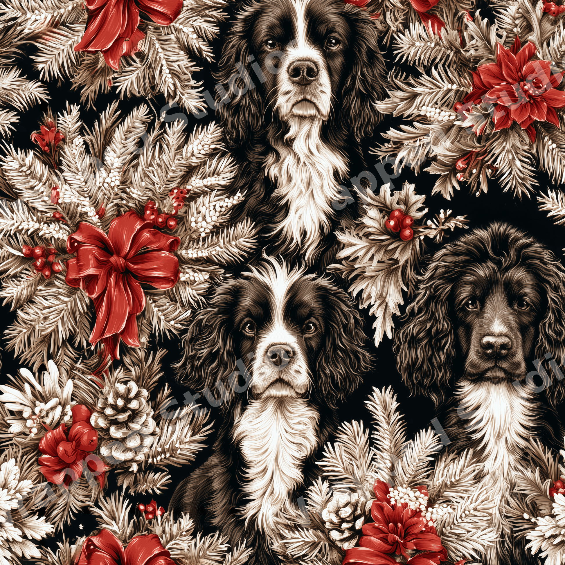 Vintage Christmas pattern featuring spaniel dogs, pine branches, and red poinsettias.