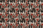 Vintage Christmas dog pattern featuring spaniel portraits, red poinsettias, and pine foliage on black.