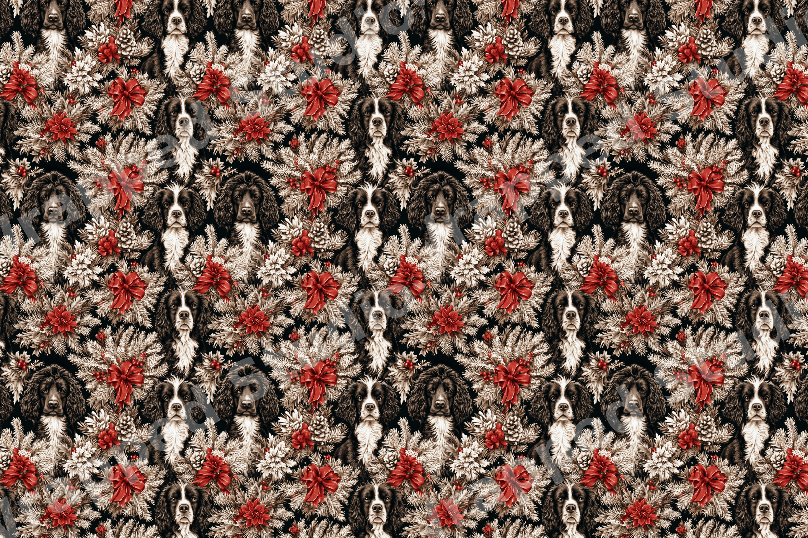 Vintage Christmas dog pattern featuring spaniel portraits, red poinsettias, and pine foliage on black.