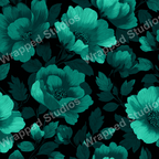 Teal floral pattern with detailed botanical design on a black background.