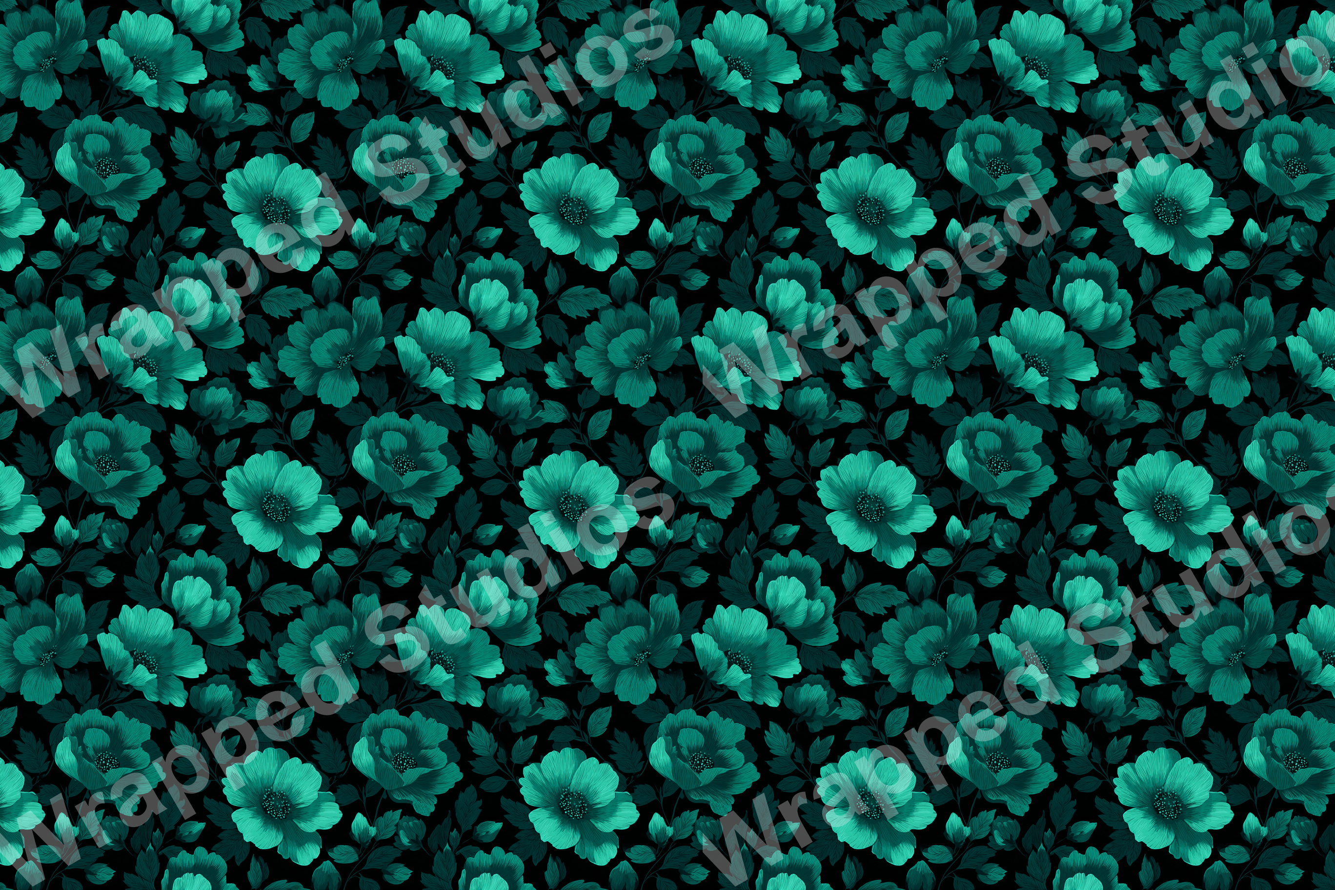 Elegant floral pattern with teal flowers and leaves on a black background.