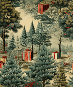 Vintage botanical design featuring an evergreen forest with red berry accents.