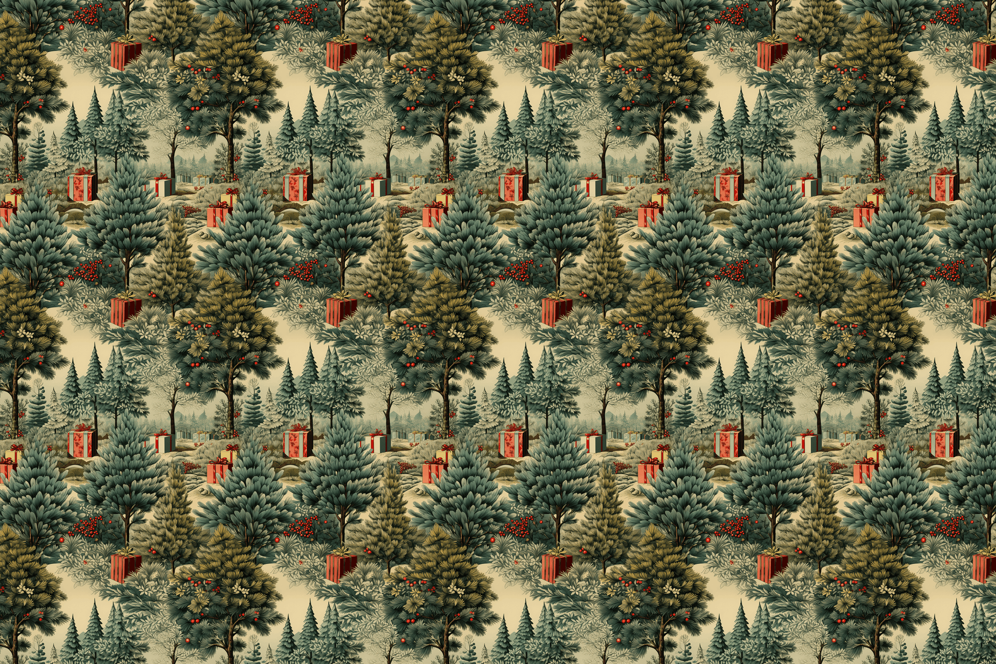 Pattern of trees with red gifts in a forest setting. Wrapped Studios wrapping paper