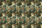 Detailed forest pattern with evergreen trees and red gifts, in a muted, vintage style.