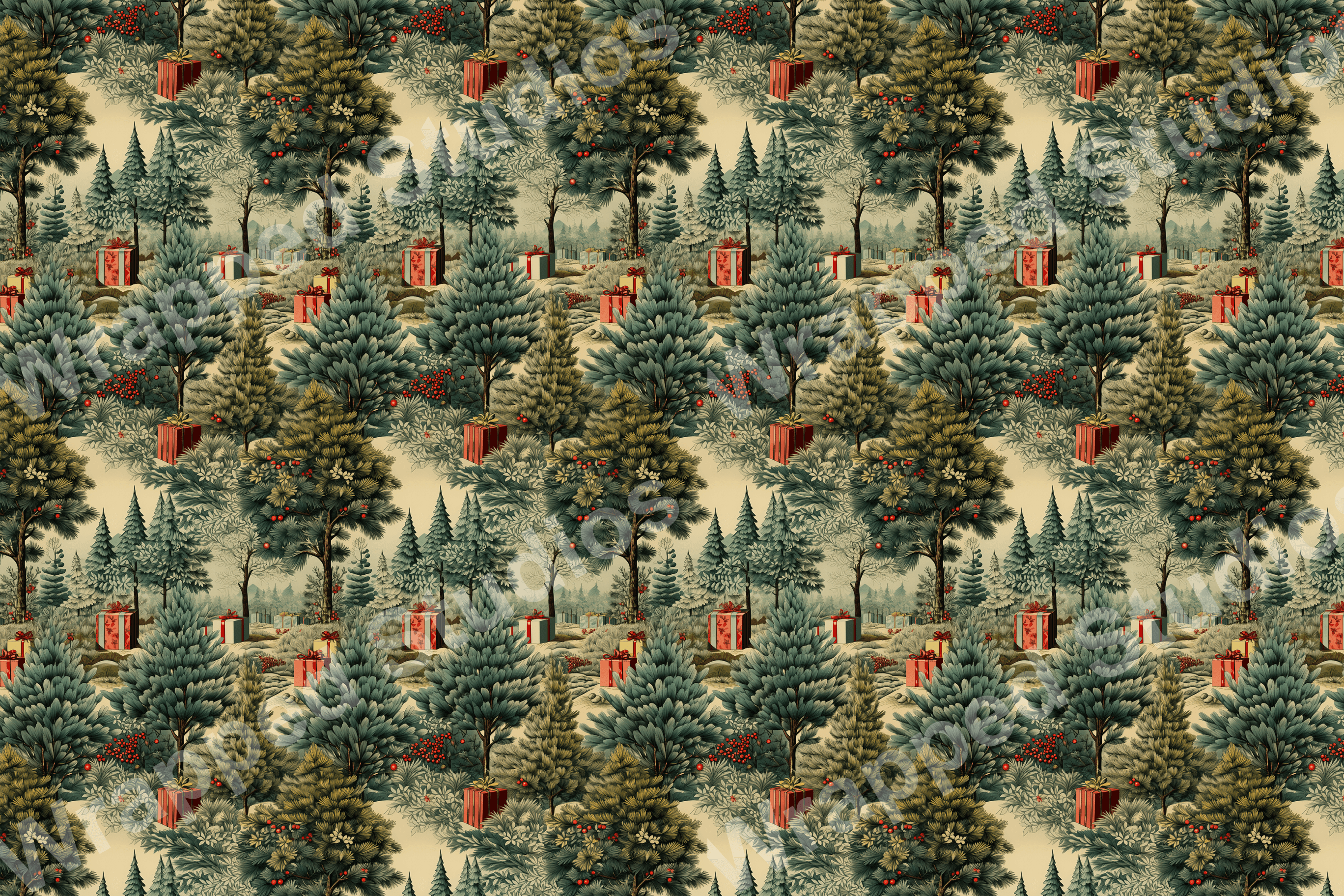 Detailed forest pattern with evergreen trees and red gifts, in a muted, vintage style.