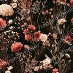 Moody vintage botanical pattern featuring muted pink and cream wildflowers on a black background.