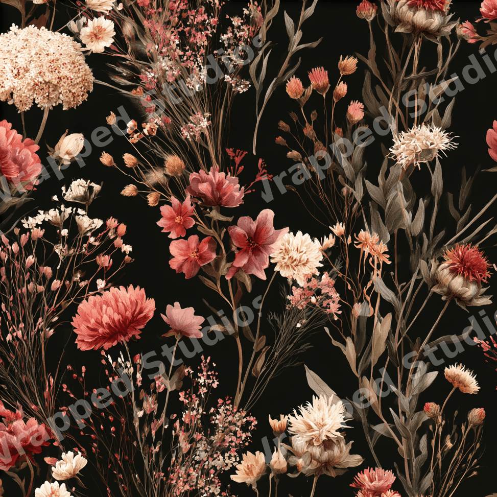 Moody vintage botanical pattern featuring muted pink and cream wildflowers on a black background.