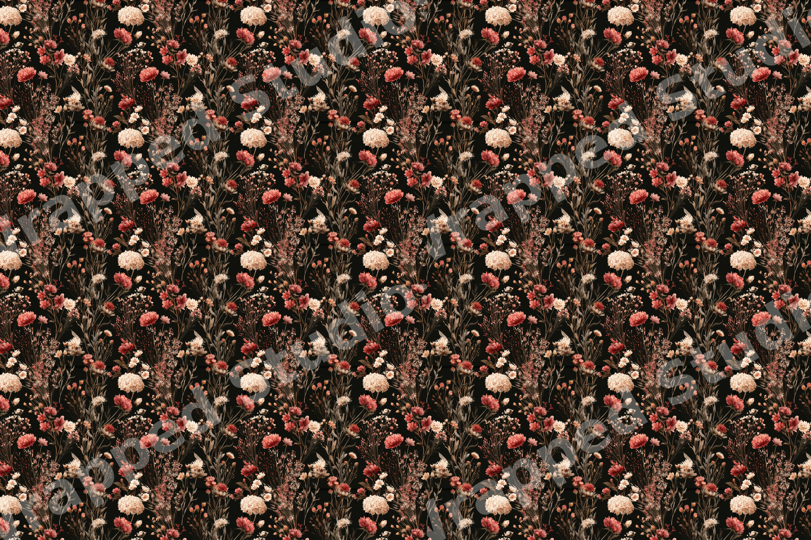 Moody vintage botanical floral pattern with delicate coral and cream wildflowers on a black background.