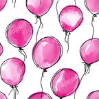 Seamless festive pattern of watercolor balloons in shades of pink with thin black string on a white background.