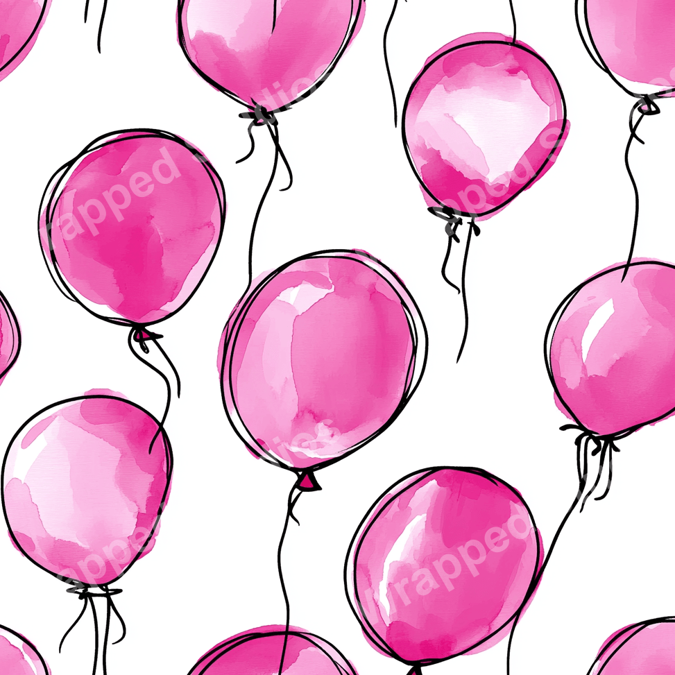 Seamless festive pattern of watercolor balloons in shades of pink with thin black string on a white background.