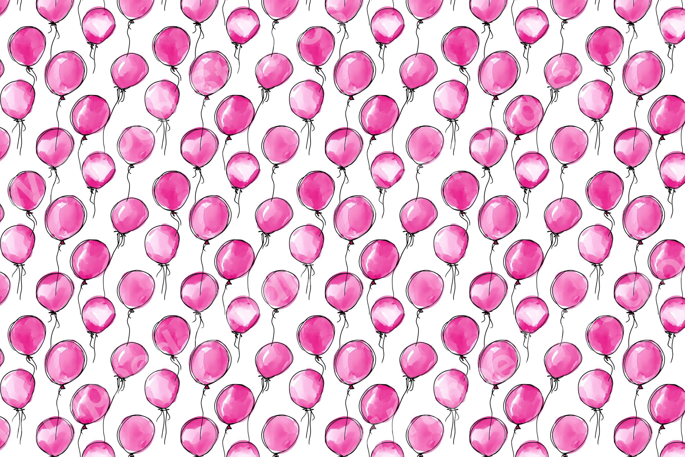Playful seamless pattern of pink watercolor balloons with thin black string on white.