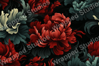 Elegant floral pattern with stylized red, teal, and cream blooms on a dark background.