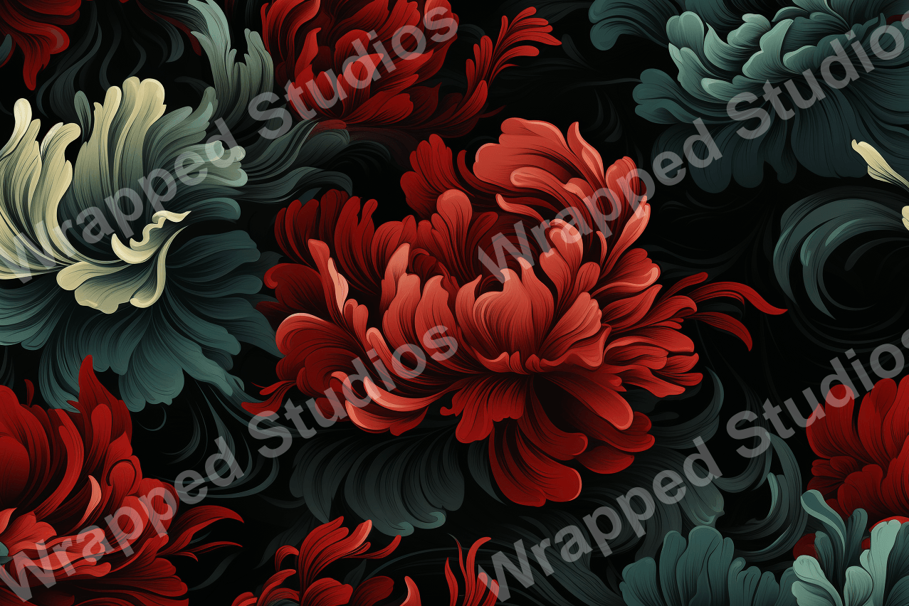 Elegant floral pattern with stylized red, teal, and cream blooms on a dark background.