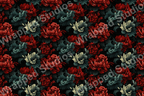 Elegant floral pattern with red, teal, and cream chrysanthemums on a black background.