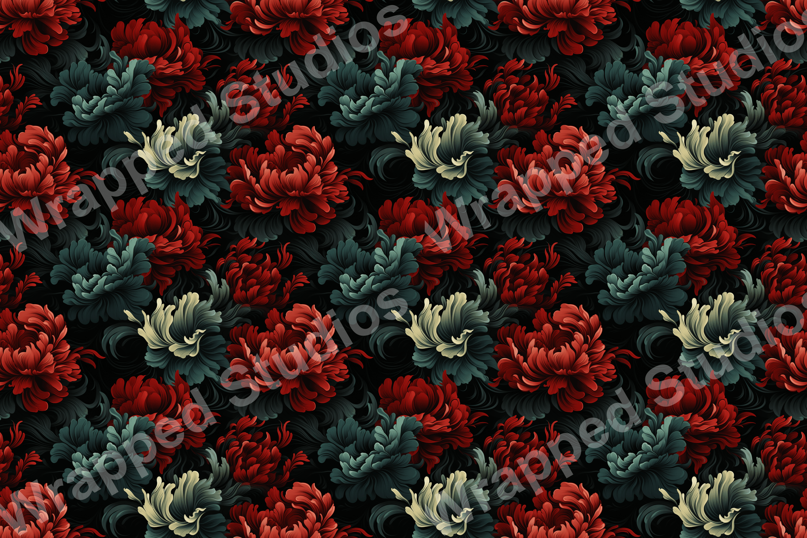 Elegant floral pattern with red, teal, and cream chrysanthemums on a black background.