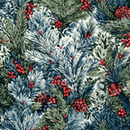 Vintage botanical winter pattern with evergreen pine branches, pinecones, and red berries.