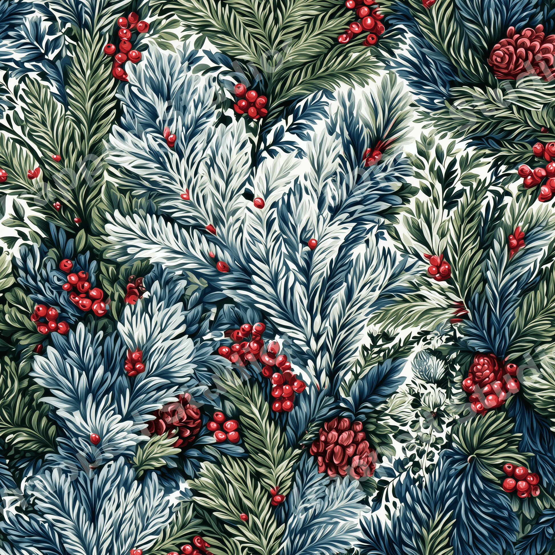 Vintage botanical winter pattern with evergreen pine branches, pinecones, and red berries.