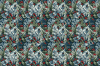 Vintage botanical pattern featuring green and frosty pine branches, pinecones, and red berries.