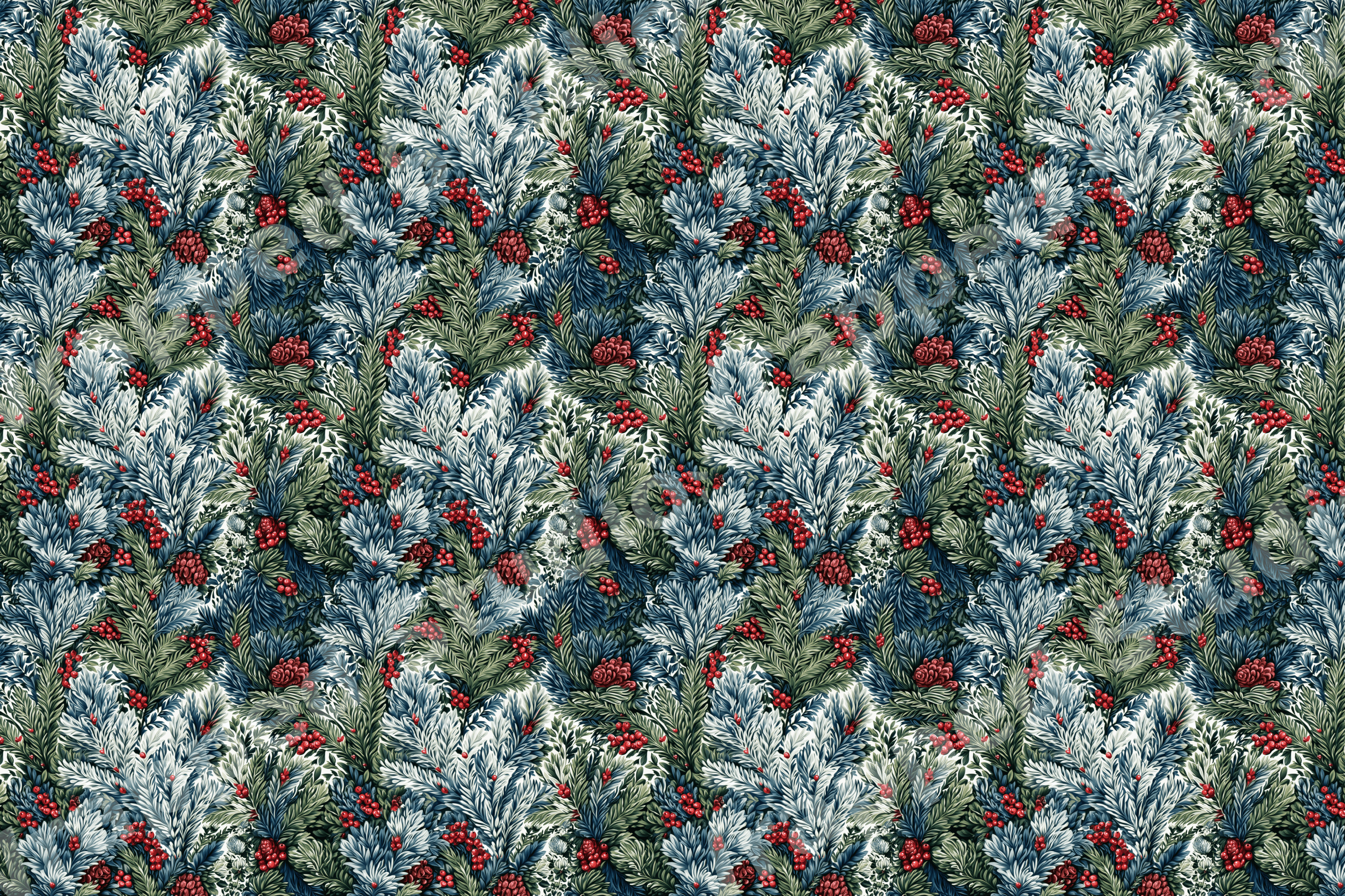Vintage botanical pattern featuring green and frosty pine branches, pinecones, and red berries.