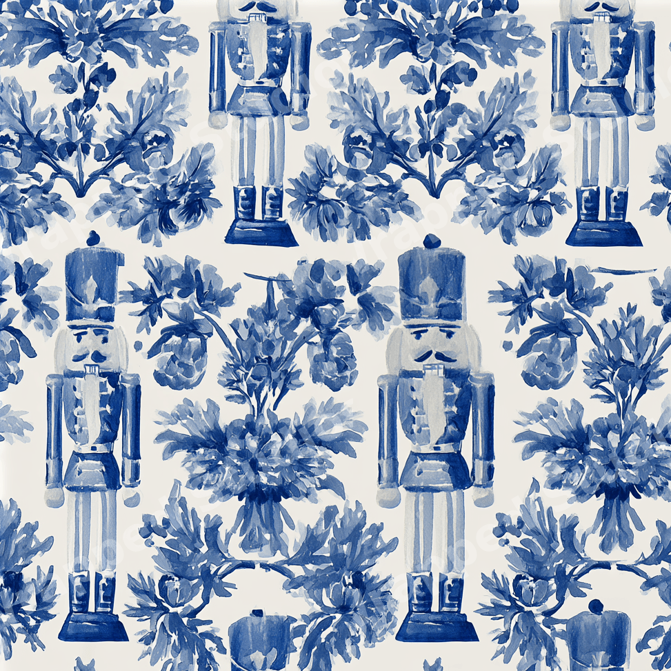 Blue and white watercolor nutcracker and floral damask pattern in an elegant Chinoiserie style.