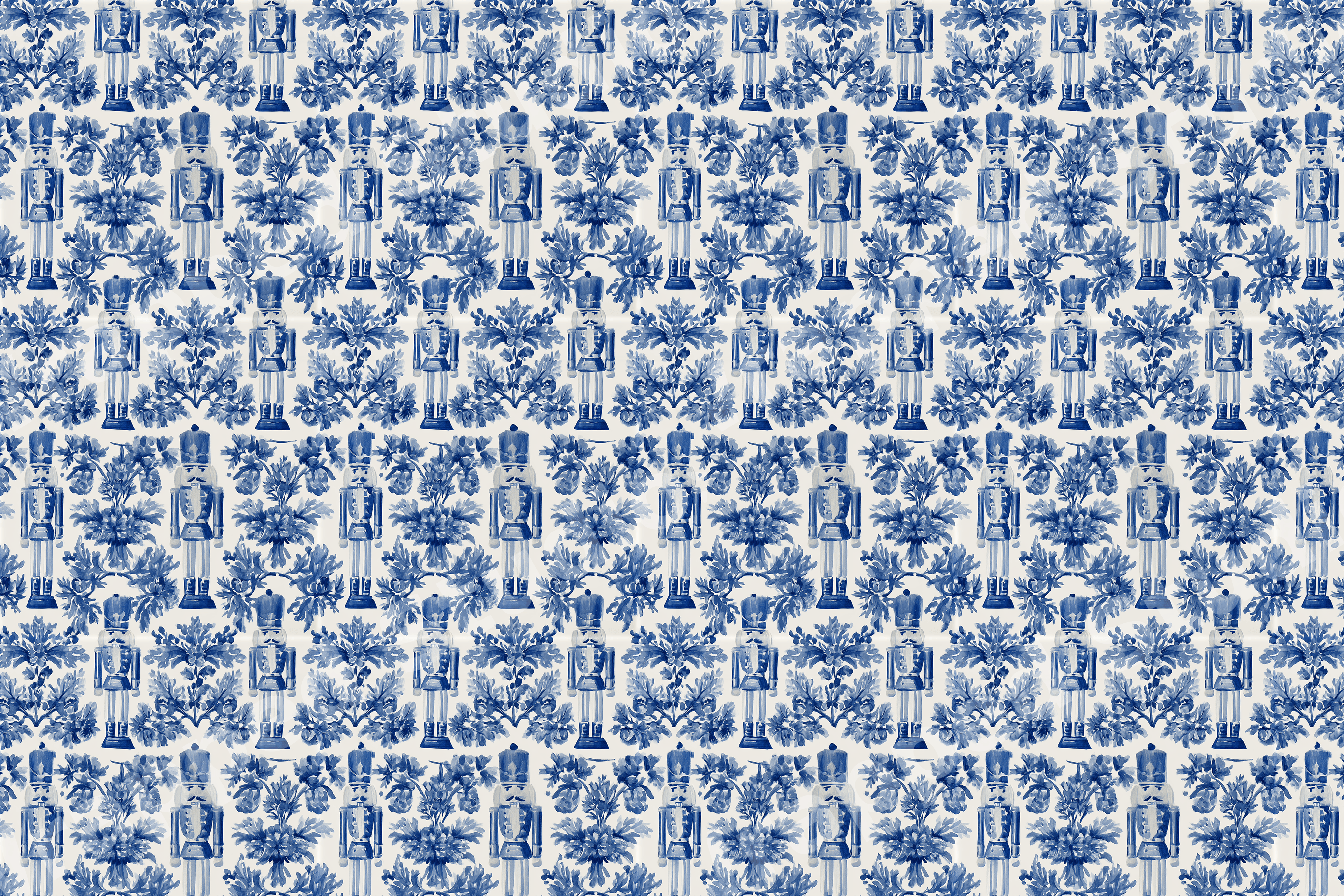 Blue and white Chinoiserie nutcracker Christmas pattern with elegant botanical details.