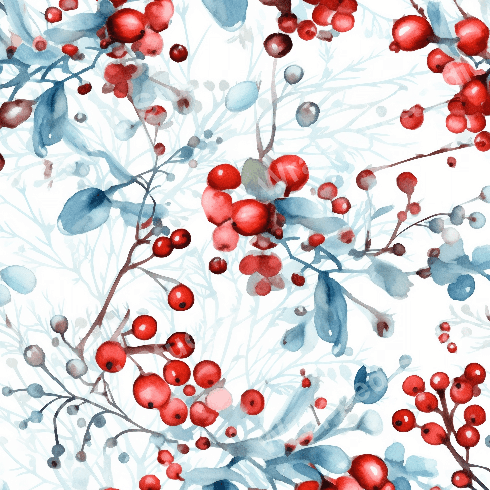 Watercolor botanical pattern with vibrant red berries and frosty blue leaves, creating a festive winter design.