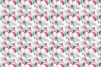 Winter botanical pattern with red berries and muted blue-green leaves on a white background.