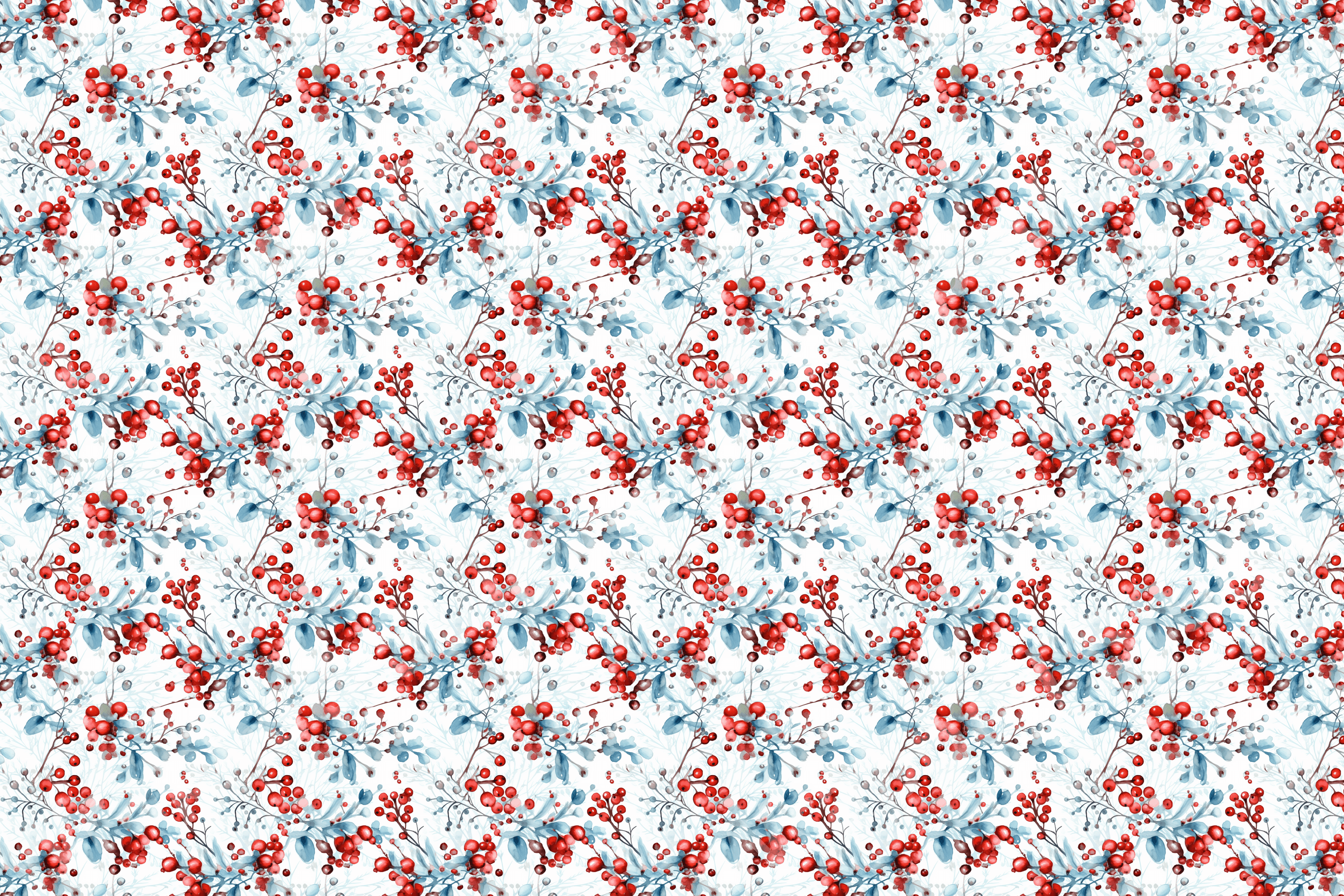 Winter botanical pattern with red berries and muted blue-green leaves on a white background.