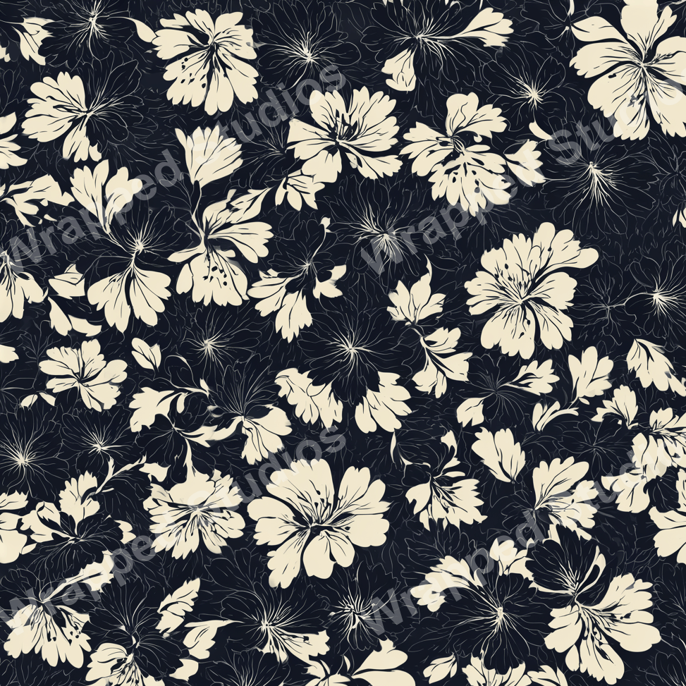 Navy and cream floral pattern with sketched botanical accents.