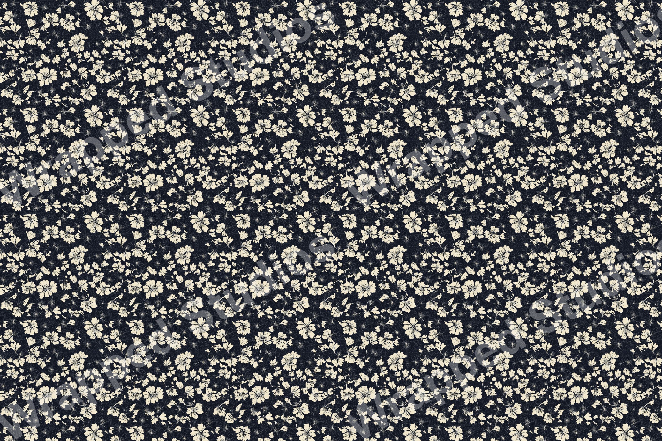 Cream floral pattern with a dark navy background is a vintage botanical design.
