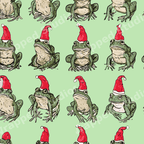 Playful Christmas pattern with illustrated green frogs wearing red Santa hats on a mint green background.